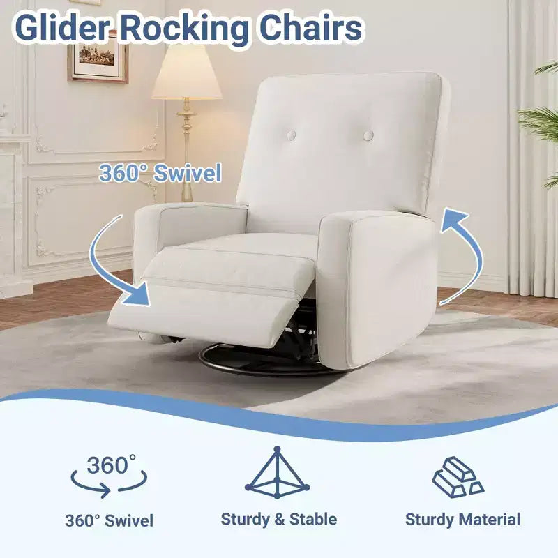 Poltrona reclinabile girevole a 360° con dondolo manuale, poltrona scorrevole imbottita con tasche laterali, per soggiorno, camera da letto, ufficio