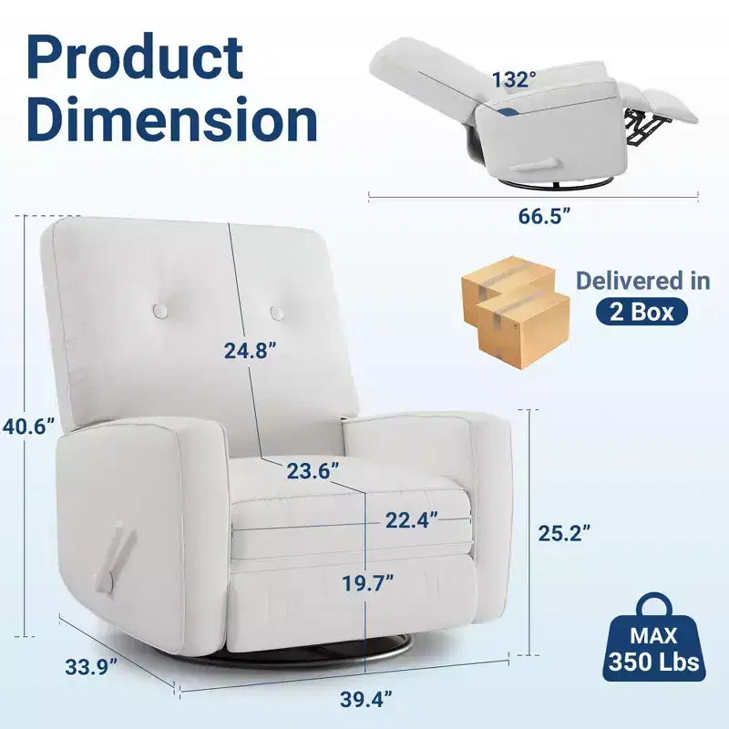 Poltrona reclinabile girevole a 360° con dondolo manuale, poltrona scorrevole imbottita con tasche laterali, per soggiorno, camera da letto, ufficio