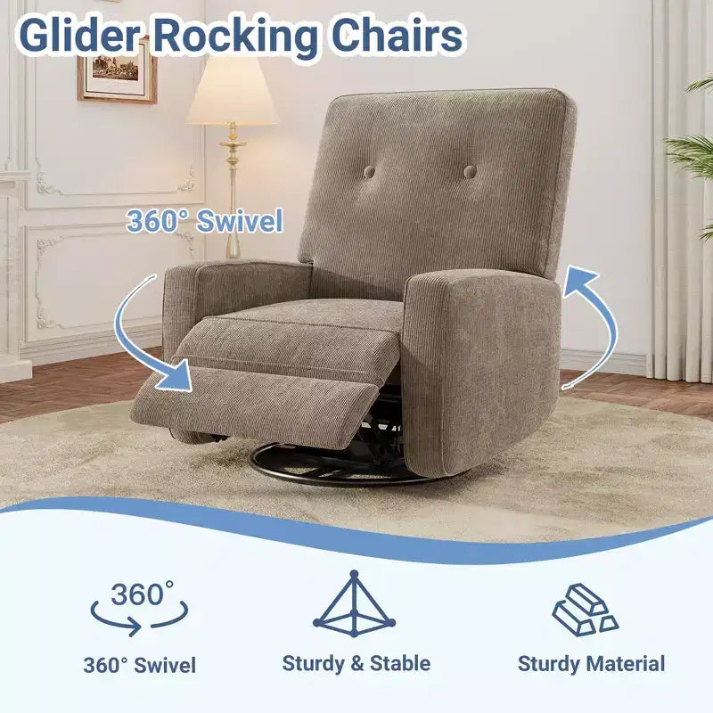 Poltrona reclinabile girevole a 360° con dondolo manuale, poltrona scorrevole imbottita con tasche laterali, per soggiorno, camera da letto, ufficio
