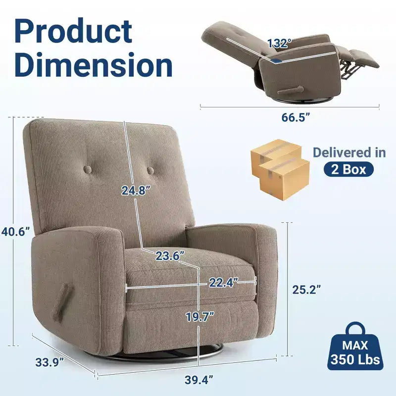 Poltrona reclinabile girevole a 360° con dondolo manuale, poltrona scorrevole imbottita con tasche laterali, per soggiorno, camera da letto, ufficio