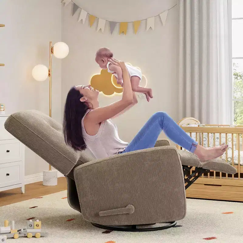 Poltrona reclinabile girevole a 360° con dondolo manuale, poltrona scorrevole imbottita con tasche laterali, per soggiorno, camera da letto, ufficio