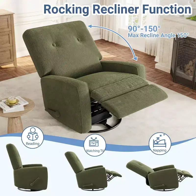 Poltrona reclinabile girevole a 360° con dondolo manuale, poltrona scorrevole imbottita con tasche laterali, per soggiorno, camera da letto, ufficio