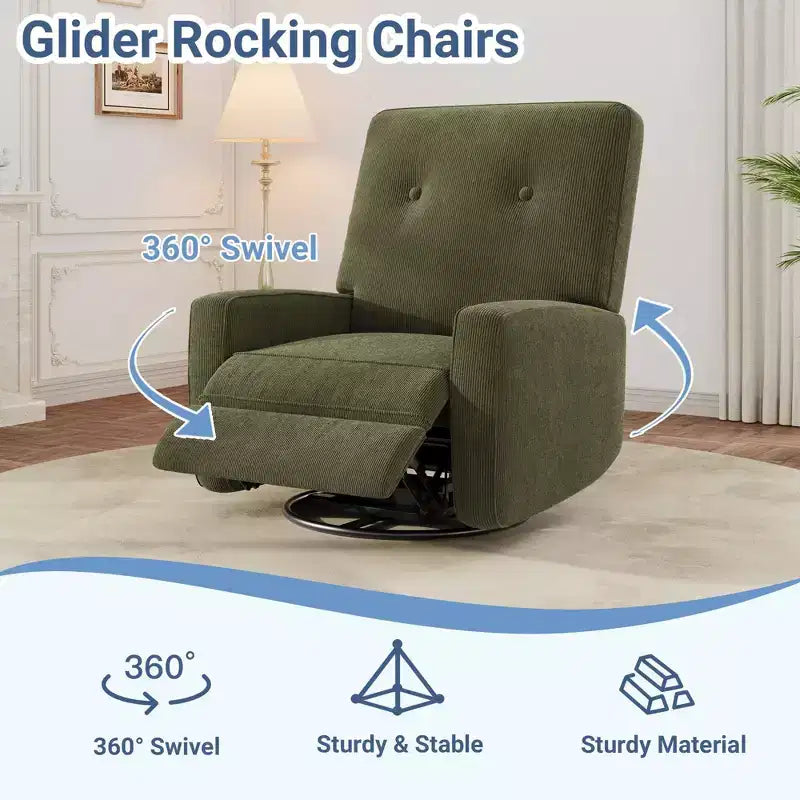 Poltrona reclinabile girevole a 360° con dondolo manuale, poltrona scorrevole imbottita con tasche laterali, per soggiorno, camera da letto, ufficio