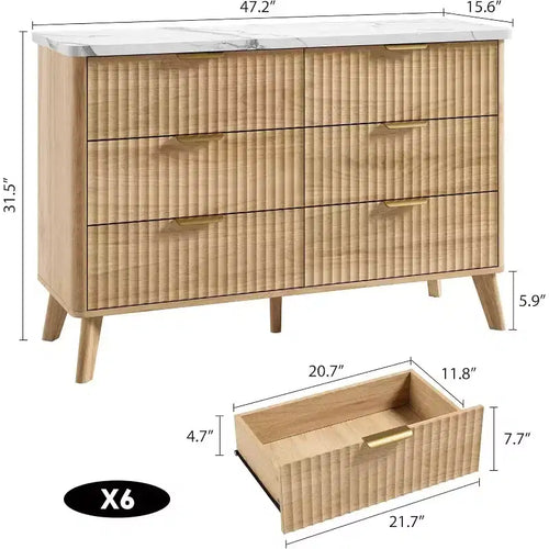 Commode 6 tiroirs pour chambre à coucher, large commode de 120 cm avec motif épais et grand design