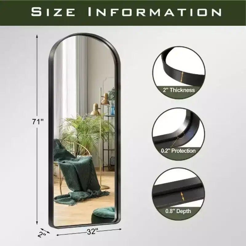 Specchio a figura intera MAYEERTY Nero 31,5 x 70,87 pollici, con arco arrotondato in lega di alluminio, senza supporto, per decorazioni da parete in salotto e camera da letto