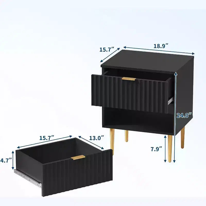 GustoWave Comodino Moderno con 2 Cassetti, Comodino Scanalato Oro e Legno, Tavolino da Notte per Camera da Letto Appartamento