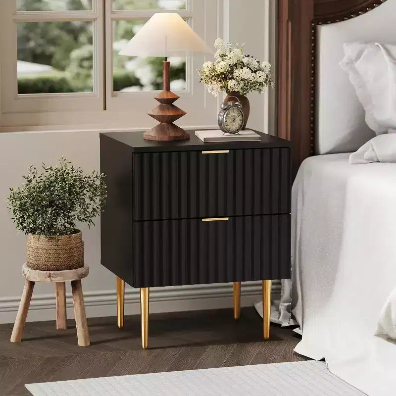 GustoWave Comodino Moderno con 2 Cassetti, Comodino Scanalato Oro e Legno, Tavolino da Notte per Camera da Letto Appartamento