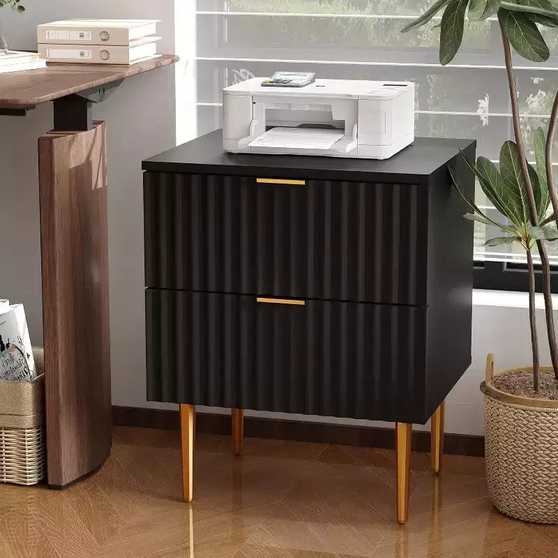 GustoWave Comodino Moderno con 2 Cassetti, Comodino Scanalato Oro e Legno, Tavolino da Notte per Camera da Letto Appartamento