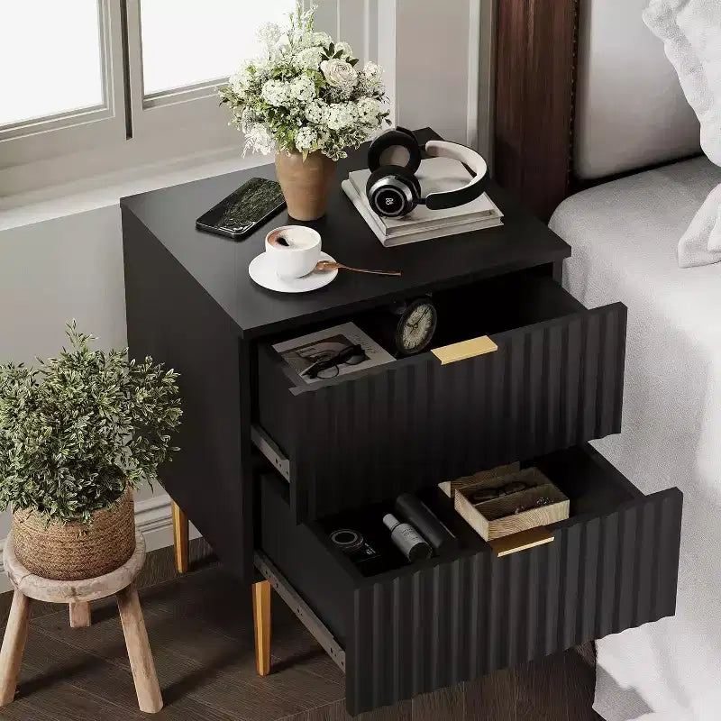 GustoWave Comodino Moderno con 2 Cassetti, Comodino Scanalato Oro e Legno, Tavolino da Notte per Camera da Letto Appartamento