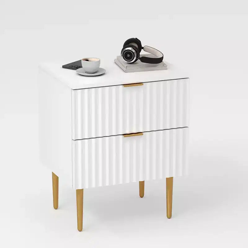 GustoWave Comodino Moderno con 2 Cassetti, Comodino Scanalato Oro e Legno, Tavolino da Notte per Camera da Letto Appartamento