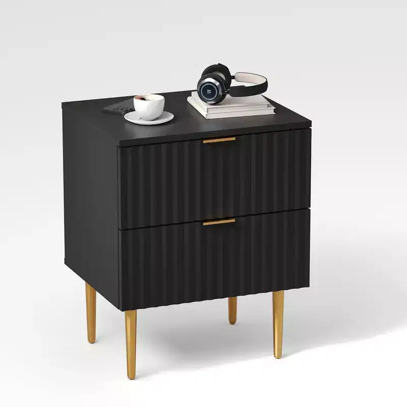 GustoWave Comodino Moderno con 2 Cassetti, Comodino Scanalato Oro e Legno, Tavolino da Notte per Camera da Letto Appartamento
