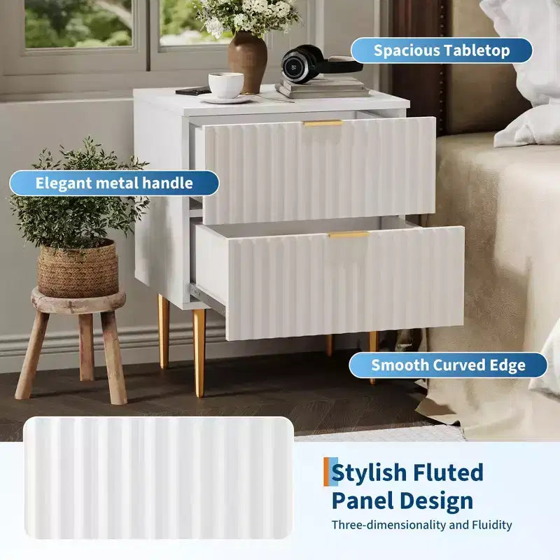 GustoWave Comodino Moderno con 2 Cassetti, Comodino Scanalato Oro e Legno, Tavolino da Notte per Camera da Letto Appartamento