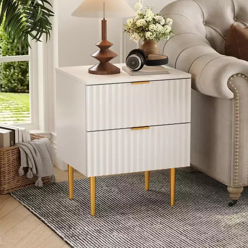 GustoWave Comodino Moderno con 2 Cassetti, Comodino Scanalato Oro e Legno, Tavolino da Notte per Camera da Letto Appartamento
