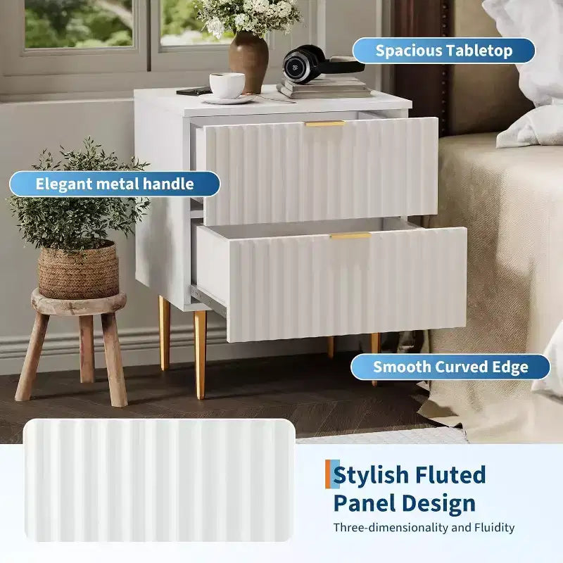 GustoWave Comodino Moderno con 2 Cassetti, Comodino Scanalato Oro e Legno, Tavolino da Notte per Camera da Letto Appartamento