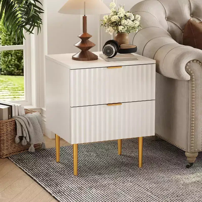 GustoWave Comodino Moderno con 2 Cassetti, Comodino Scanalato Oro e Legno, Tavolino da Notte per Camera da Letto Appartamento