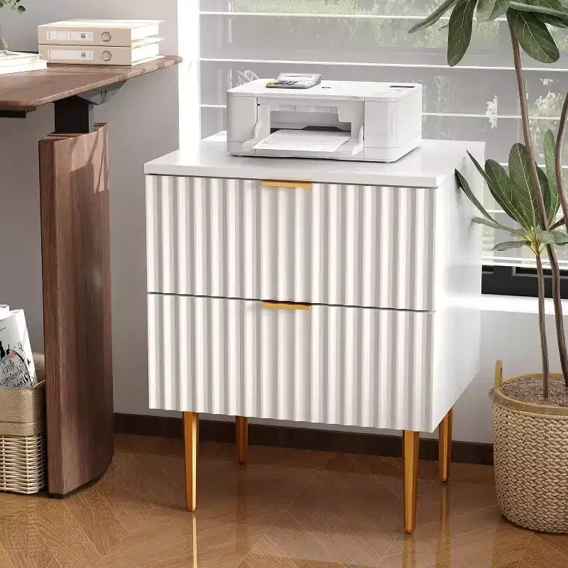 GustoWave Comodino Moderno con 2 Cassetti, Comodino Scanalato Oro e Legno, Tavolino da Notte per Camera da Letto Appartamento