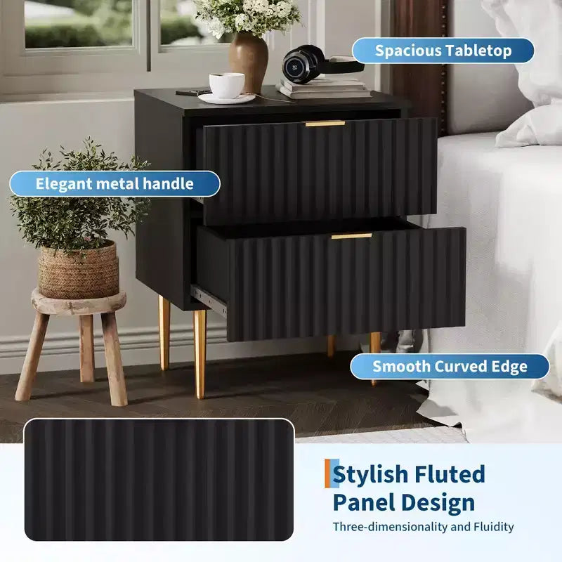 GustoWave Comodino Moderno con 2 Cassetti, Comodino Scanalato Oro e Legno, Tavolino da Notte per Camera da Letto Appartamento