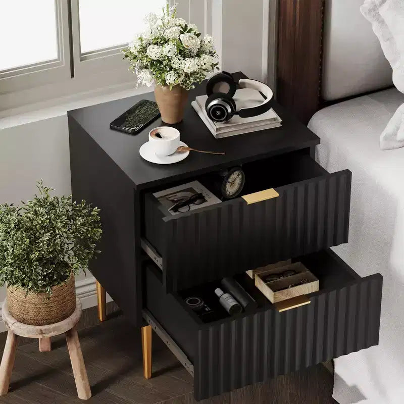 GustoWave Comodino Moderno con 2 Cassetti, Comodino Scanalato Oro e Legno, Tavolino da Notte per Camera da Letto Appartamento