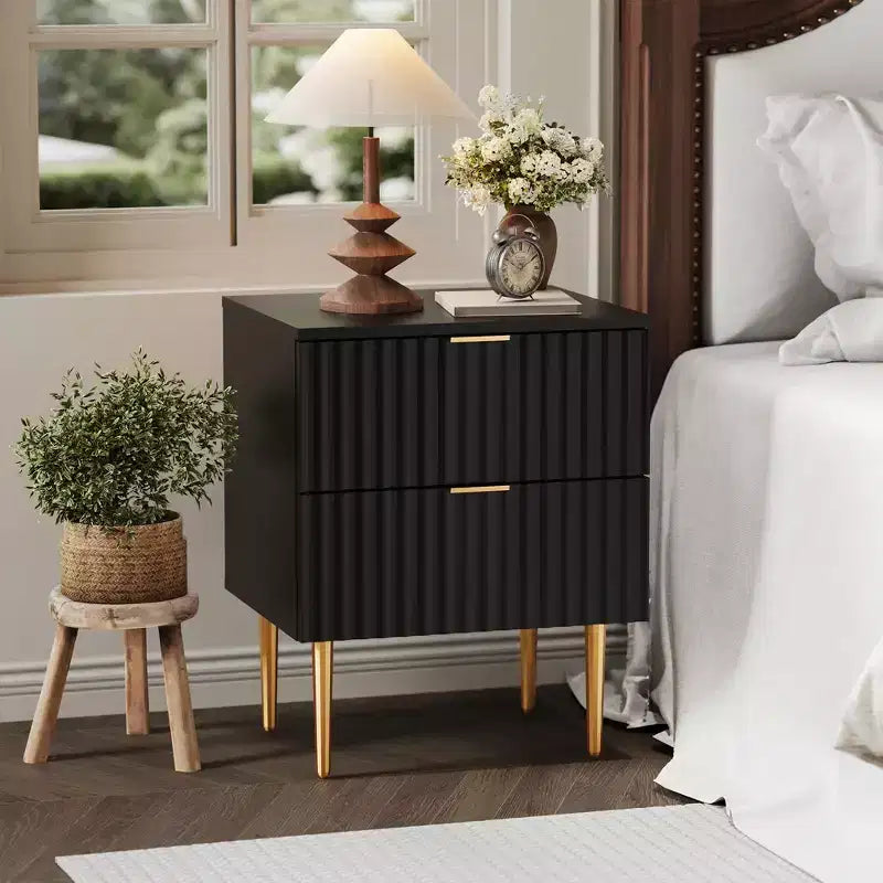 GustoWave Modern Nightstand with 2 Drawers, Golden and Wood Fluted Night Stand, Bedside Table for Bedroom Apartment