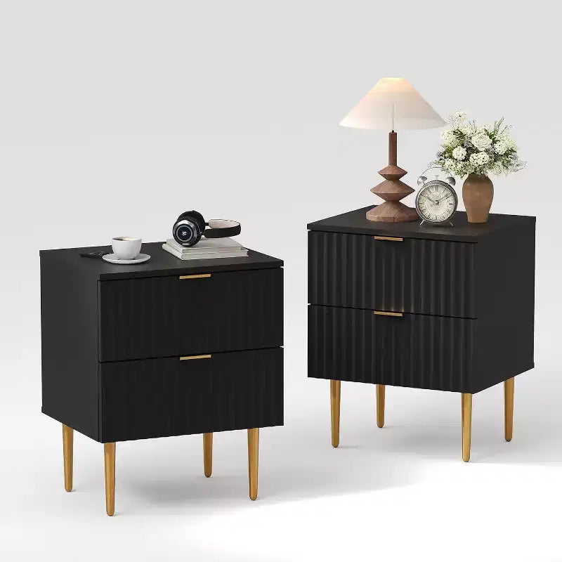GustoWave Comodino Moderno con 2 Cassetti, Comodino Scanalato Oro e Legno, Tavolino da Notte per Camera da Letto Appartamento