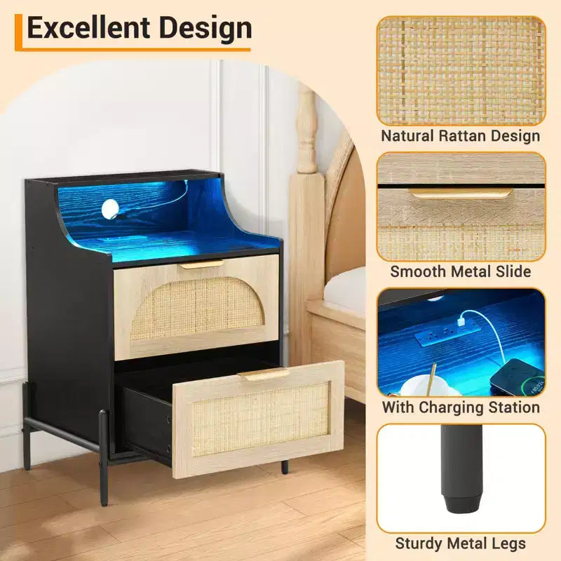 Comodino GustoWave in legno con bordo curvo e luce, comodino a tre cassetti per camera da letto/soggiorno, comodino compatto naturale