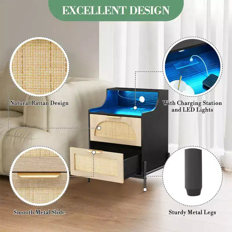 Comodino GustoWave in legno con bordo curvo e luce, comodino a tre cassetti per camera da letto/soggiorno, comodino compatto naturale