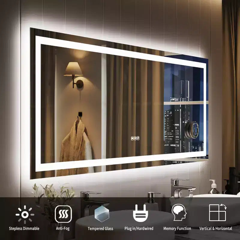 Specchio da bagno 24x32 pollici, dimmerabile, doppia illuminazione frontale e posteriore, funzione memoria, anti-appannamento e anti-rottura, utilizzabile orizzontalmente o verticalmente.