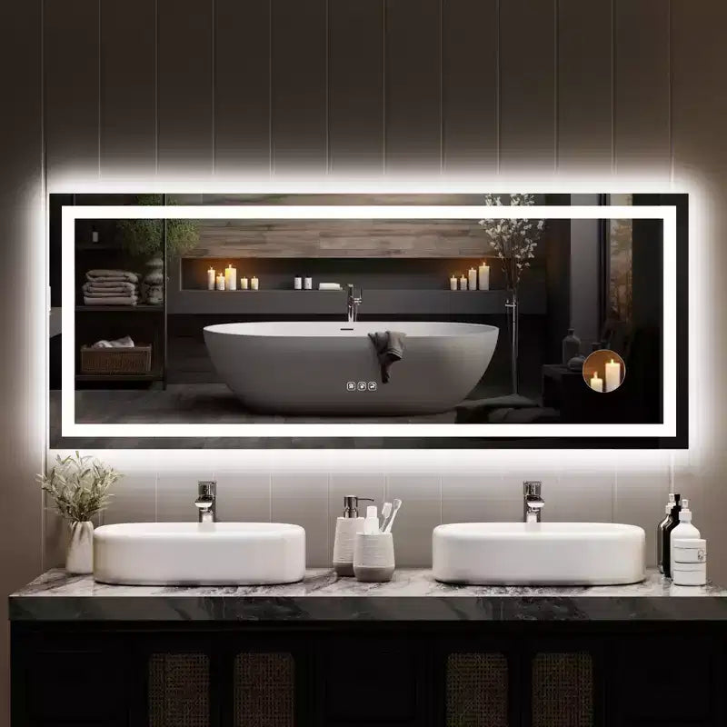Specchio da bagno 24x32 pollici, dimmerabile, doppia illuminazione frontale e posteriore, funzione memoria, anti-appannamento e anti-rottura, utilizzabile orizzontalmente o verticalmente.
