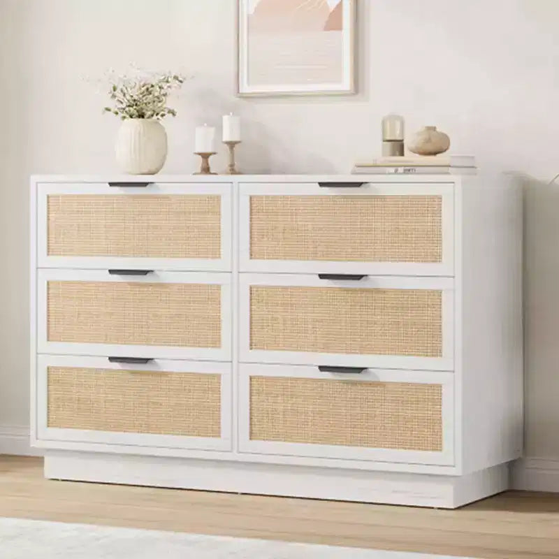 Rattan 6 Drawer Dresser, 47in Wide White 6 Chest of Drawers with Metal Handles and Wooden Sturdy Base for Bedroom Living Room Office