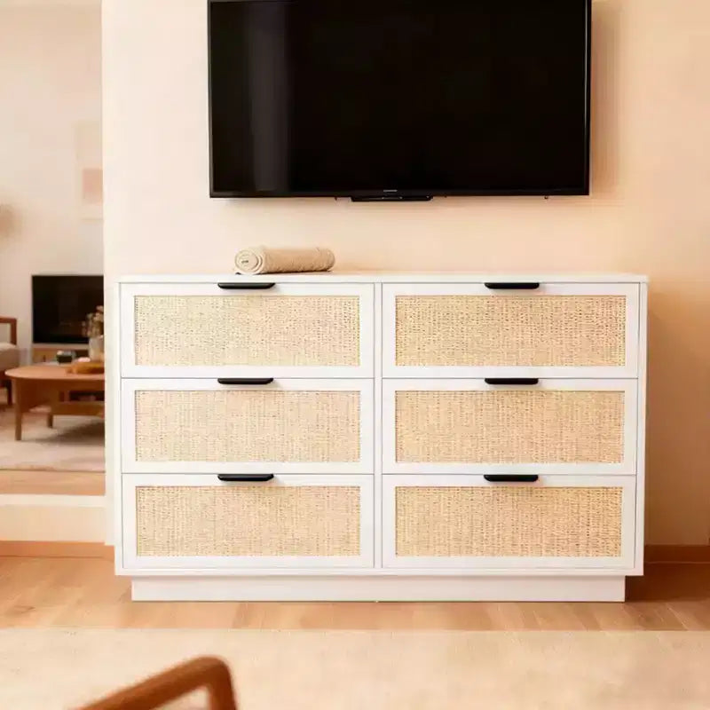 Comò in rattan a 6 cassetti, cassettiera bianca larga 120 cm a 6 cassetti con maniglie in metallo e base robusta in legno per camera da letto, soggiorno, ufficio