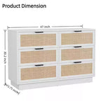 Comò in rattan a 6 cassetti, cassettiera bianca larga 120 cm a 6 cassetti con maniglie in metallo e base robusta in legno per camera da letto, soggiorno, ufficio
