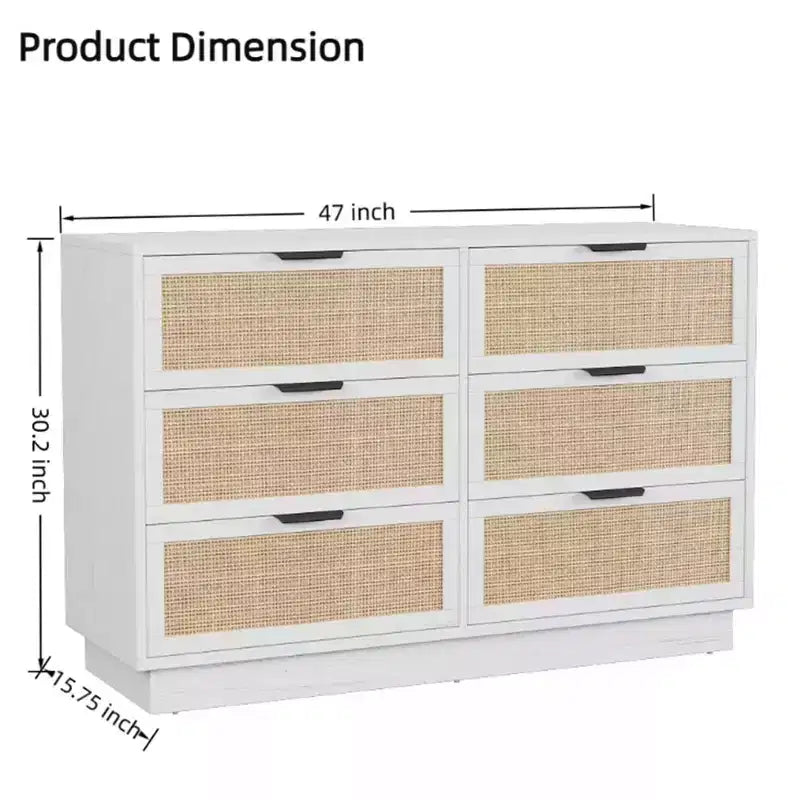 Comò in rattan a 6 cassetti, cassettiera bianca larga 120 cm a 6 cassetti con maniglie in metallo e base robusta in legno per camera da letto, soggiorno, ufficio
