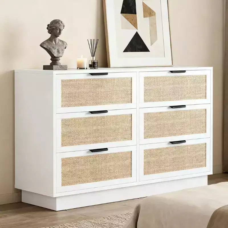 Comò in rattan a 6 cassetti, cassettiera bianca larga 120 cm a 6 cassetti con maniglie in metallo e base robusta in legno per camera da letto, soggiorno, ufficio