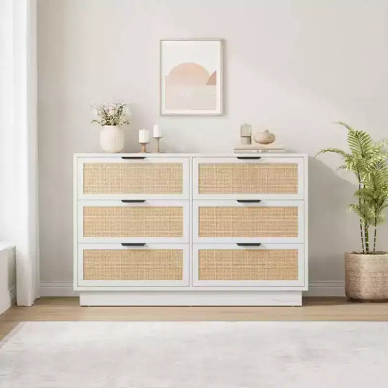 Comò in rattan a 6 cassetti, cassettiera bianca larga 120 cm a 6 cassetti con maniglie in metallo e base robusta in legno per camera da letto, soggiorno, ufficio