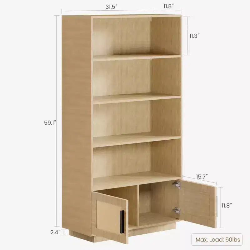 Libreria a 5 Ripiani, Libreria Bohemien con Ante in Rattan, Libreria in Legno con Contenitore, Scaffale Alto per Libri, Grande Libreria per Soggiorno, Casa