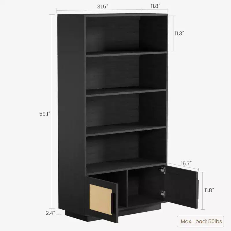 Libreria a 5 Ripiani, Libreria Bohemien con Ante in Rattan, Libreria in Legno con Contenitore, Scaffale Alto per Libri, Grande Libreria per Soggiorno, Casa
