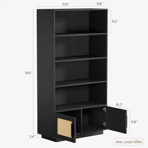 Libreria a 5 Ripiani, Libreria Bohemien con Ante in Rattan, Libreria in Legno con Contenitore, Scaffale Alto per Libri, Grande Libreria per Soggiorno, Casa