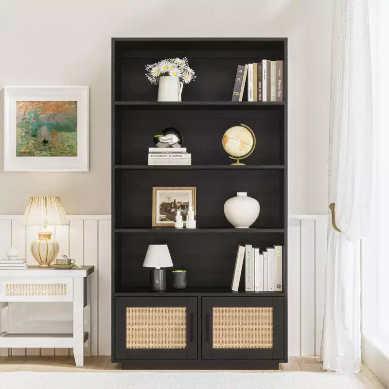 Libreria a 5 Ripiani, Libreria Bohemien con Ante in Rattan, Libreria in Legno con Contenitore, Scaffale Alto per Libri, Grande Libreria per Soggiorno, Casa