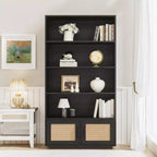 Libreria a 5 Ripiani, Libreria Bohemien con Ante in Rattan, Libreria in Legno con Contenitore, Scaffale Alto per Libri, Grande Libreria per Soggiorno, Casa