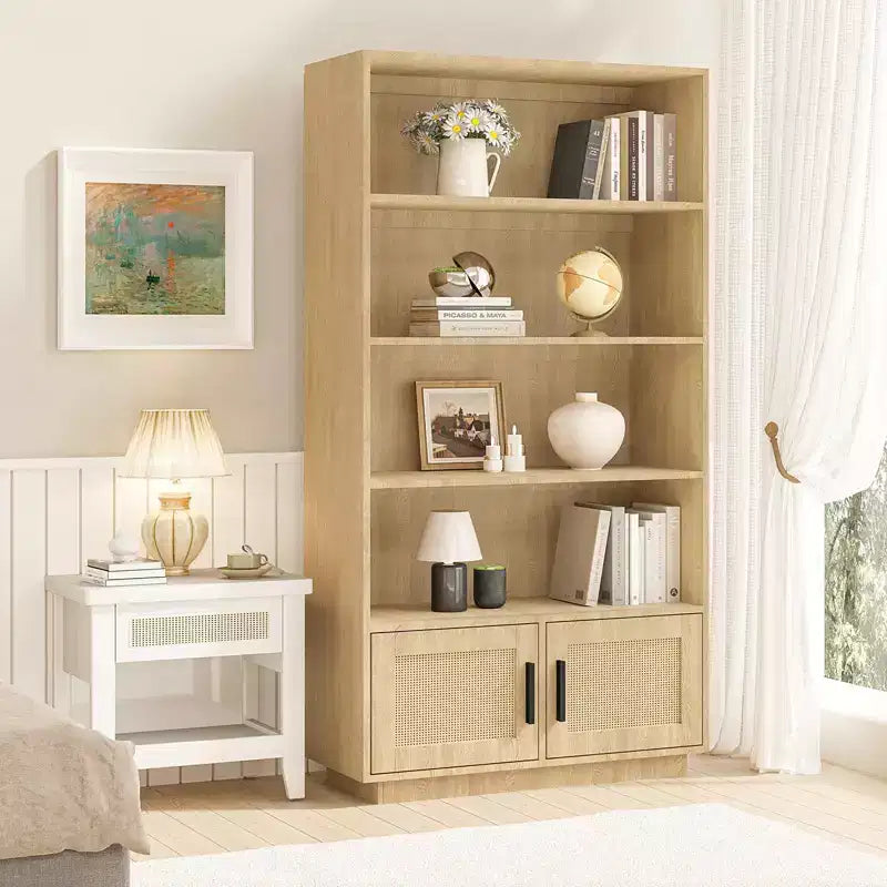 Libreria a 5 Ripiani, Libreria Bohemien con Ante in Rattan, Libreria in Legno con Contenitore, Scaffale Alto per Libri, Grande Libreria per Soggiorno, Casa