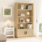 Libreria a 5 Ripiani, Libreria Bohemien con Ante in Rattan, Libreria in Legno con Contenitore, Scaffale Alto per Libri, Grande Libreria per Soggiorno, Casa