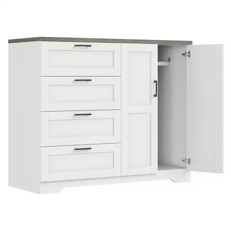 Wooden Dresser with 4 Drawers and Hanging Rod for Bedroom, 43.3'' H 2 Door Wardrobe Closet , Low Storage Cabinet for Hanging Cloth