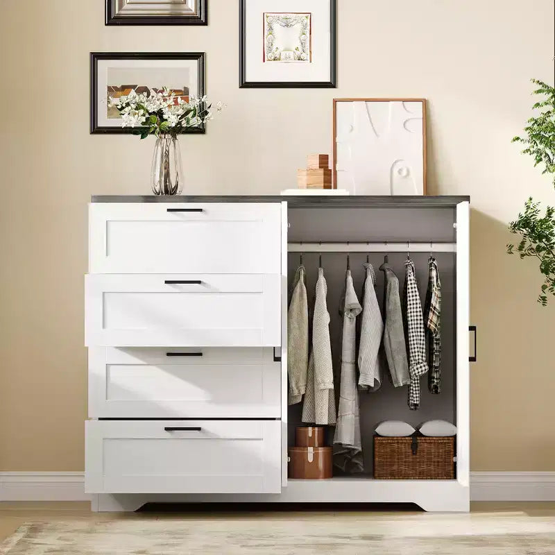 Cassettiera in Legno con 4 Cassetti e Asta Appendiabiti per Camera da Letto, Armadio a 2 Ante Alto 110 cm, Mobile Contenitore Basso per Vestiti Appesi