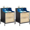 Wooden Nightstand Set of 2, Rattan Nightstand with Charging Station, USB Ports & Outlets, Modern Bedside Table with Rattan Drawer