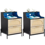 Wooden Nightstand Set of 2, Rattan Nightstand with Charging Station, USB Ports & Outlets, Modern Bedside Table with Rattan Drawer