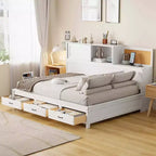 Okak Divano Letto Matrimoniale in Legno Naturale con 3 Cassetti e Testiera Contenitore, Struttura Letto a Piattaforma in Legno Massello per Ragazzi, Adulti