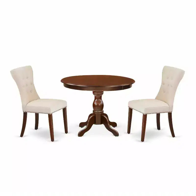 3-Piece Mahogany Finish Solid Wood Top - Round Button Tufted Dining Room Set - Seats 4