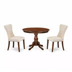 3-Piece Mahogany Finish Solid Wood Top - Round Button Tufted Dining Room Set - Seats 4