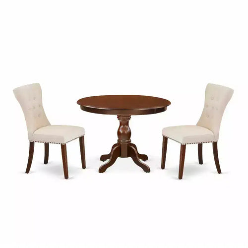 3-Piece Mahogany Finish Solid Wood Top - Round Button Tufted Dining Room Set - Seats 4