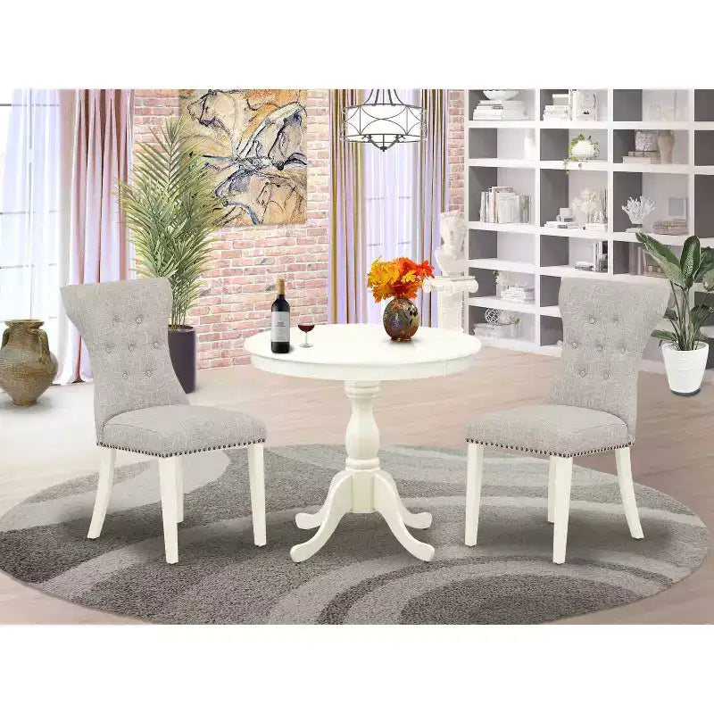 Set da pranzo 3 pezzi in legno massello con finitura lino bianco - Top imbottito trapuntato a bottoni - 4 posti